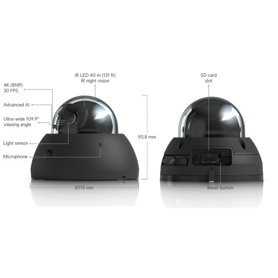 Cameră IP Dome 4K UniFi Ubiquiti AI PoE, Neagră, UVC-AI-Dome-B