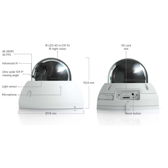 Cameră IP Dome 4K UniFi Ubiquiti AI PoE, Albă, UVC-AI-Dome-W