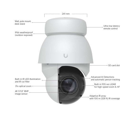 Cameră IP PTZ Precision Industrială 4K UniFi Ubiquiti AI PTZ PoE++, Albă, UVC-AI-PTZ-Precision-W
