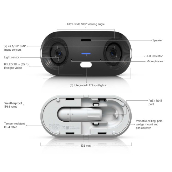 Cameră IP Panoramică 180° 16 MP UniFi Ubiquiti G6 PoE+, UVC-G6-180-W