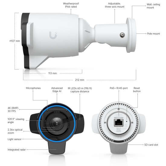 Cameră de supraveghere Bullet 4K PoE+ UniFi Ubiquiti G6 Edge cu AI și zoom optic 2,36x, UVC-G6-Edge-Bullet