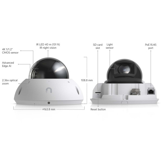 Cameră de supraveghere Dome 4K PoE+ UniFi Ubiquiti G6 Edge cu AI și zoom optic 2,36x, UVC-G6-Edge-Dome