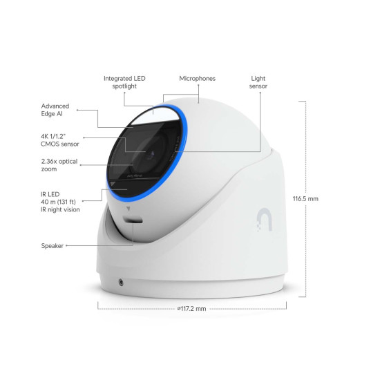 Cameră de supraveghere 4K PoE+ UniFi Ubiquiti G6 Edge Turret cu AI și zoom optic 2,36x, UVC-G6-Edge-Turret
