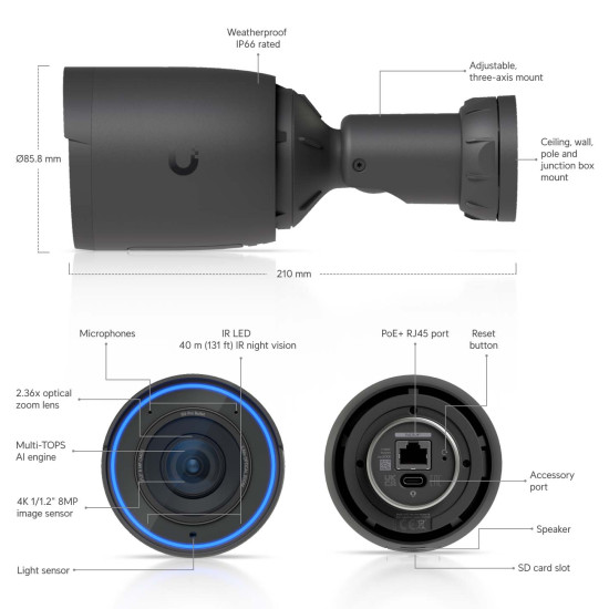 Cameră IP Bullet 4K UniFi Ubiquiti G6 Pro PoE+, UVC-G6-Pro-Bullet-B