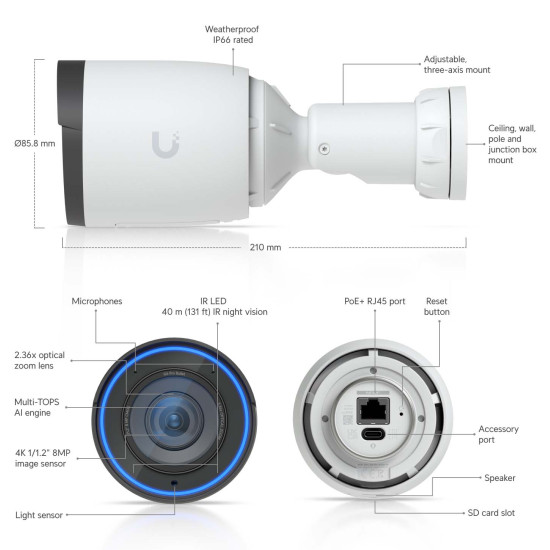 Cameră IP Bullet 4K UniFi Ubiquiti G6 Pro PoE+, UVC-G6-Pro-Bullet-W