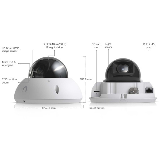 Cameră IP Dome 4K UniFi Ubiquiti G6 Pro PoE+, UVC-G6-Pro-Dome-W