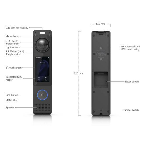 Interfon Video UniFi Ubiquiti G6 Pro Entry cu Cameră 12 MP, Ecran Tactil 3" și Audio Bidirecțional, UVC-G6-Pro-Entry