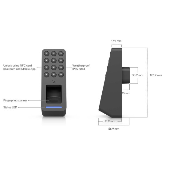 Cititor control acces cu amprentă, NFC și tastatură UniFi Ubiquiti G3 Reader Fingerprint, Negru, UA-G3-Fingerprint-B