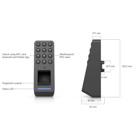 Cititor control acces OSDP cu amprentă, NFC și tastatură UniFi Ubiquiti Retrofit Reader Fingerprint, Negru, UA-Retrofit-Reader-Fingerprint-B
