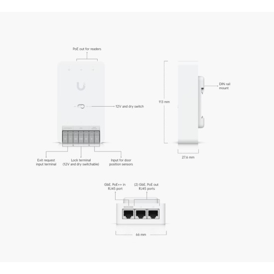 UniFi Access Hub Door Mini Ubiquiti 3 Porturi Gigabit PoE++ indoor, UA-Hub-Door-Mini