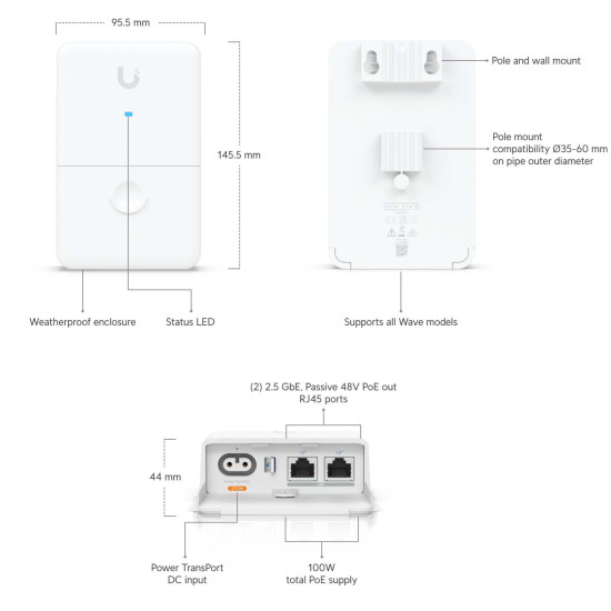 Injector PoE Dual 100 W UISP UniFi Ubiquiti, 2.5 GbE, UACC-Dual-Power-Injector