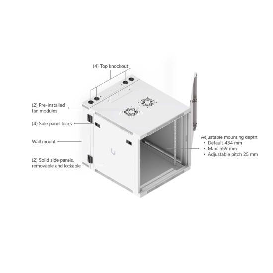 Dulap Rack 12U de perete UniFi Ubiquiti, Ventilatoare integrate, Panouri detașabile, UACC-Rack-12U-Wall-SW-G
