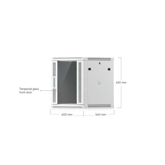 Dulap Rack Slim 12U de perete UniFi Ubiquiti, Ușă din sticlă, Ventilatoare integrate, UACC-Rack-12U-Wall-Slim