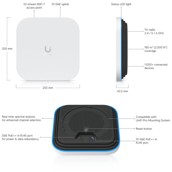 Access point indoor Ubiquiti Enterprise-grade Wi-Fi 7 10GbE PoE++, E7-EU