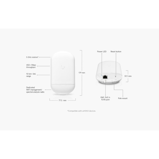 Access Point UniFi airMAX NanoStation Loco 5AC Wi-Fi 5 GHz GbE PoE Pachet de 5 Bucăți, LOCO5AC-5