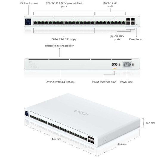 Switch PoE 220 W UISP Pro UniFi Ubiquiti, 24 Porturi GbE, 4 Porturi 10G SFP+, UISP-S-Pro