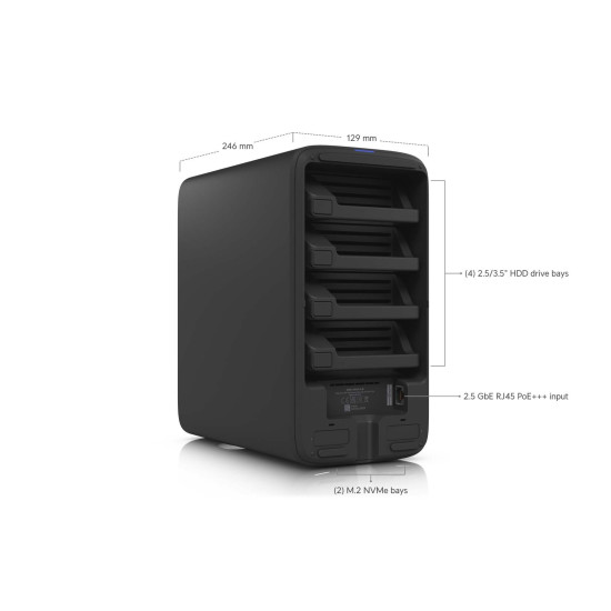 NAS compact UniFi Ubiquiti UNAS 4, 4 Bay HDD/SSD, 2 Sloturi M.2 NVMe, 2.5 GbE, USB-C, Negru, UNAS-4-B