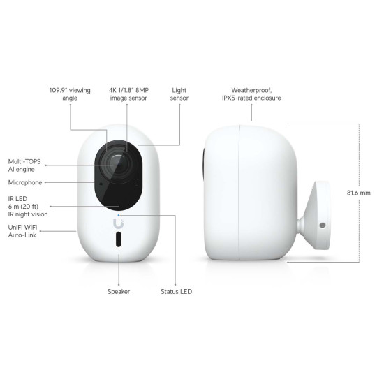 Cameră WiFi UniFi Ubiquiti G6 Instant 4K cu AI și Audio Bidirecțional, UVC-G6-INS-W