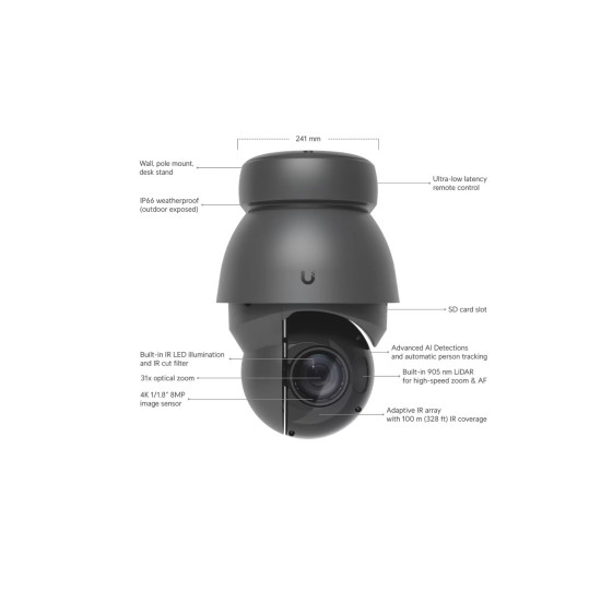 Cameră Video IP indoor/outdoor Ubiquiti UniFi Protect Precision PTZ IP66 4K, UVC-AI-PTZ-Precision-B