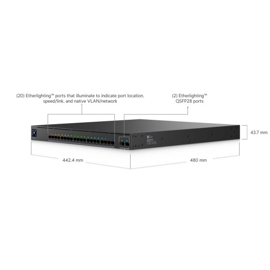 Switch Enterprise Audio/Video UniFi Ubiquiti, 20 Porturi 10G SFP+ și 2 Porturi 100G QSFP28, EAV-Fiber