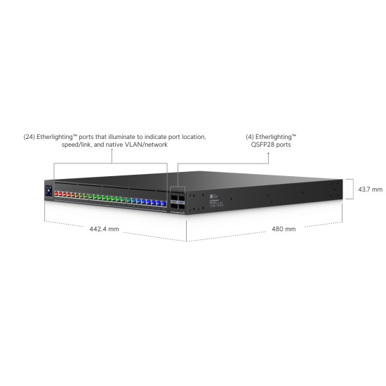 Switch Ubiquiti Enterprise Audio/Video cu 24 de porturi 10G PoE+++ și 4 porturi uplink 100G QSFP28