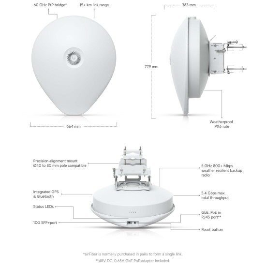 Bridge 60 GHz Long-Range airFiber 60 Xtreme-Range UniFi Ubiquiti, AF60-XR