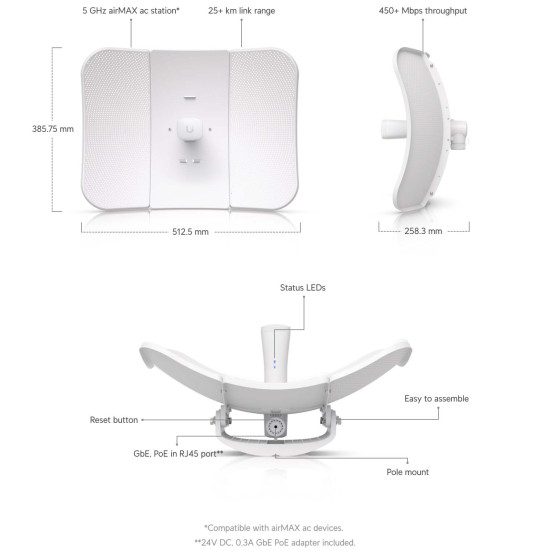 Stație wireless 5 GHz Long-Range airMAX LiteBeam 5AC UniFi Ubiquiti, LBE-5AC-LR-5